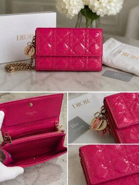 Christian Dior Lady Dior Wallet on Chain Pink Patent Leather Cannage WOC